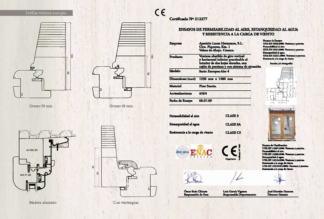 Certificado de ensayos de las ventanas de Majujes (marcado CE, ENAC)