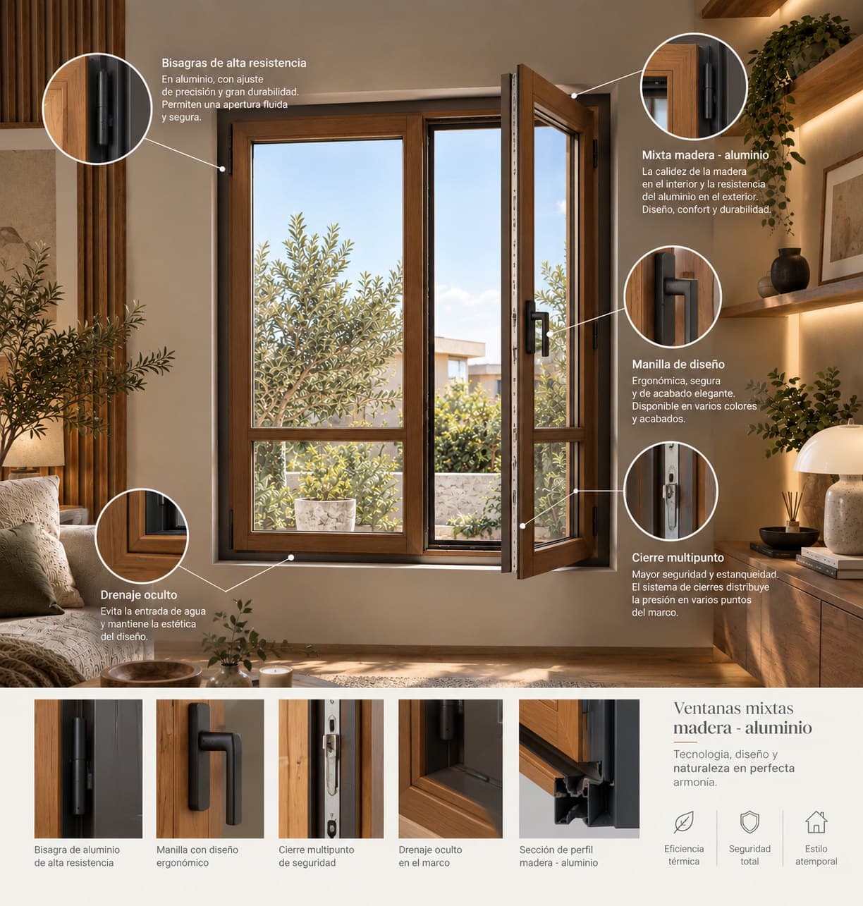 Detalles de una ventana mixta de madera y aluminio: bisagra, manilla, cierre multipunto, drenaje oculto y sección del perfil