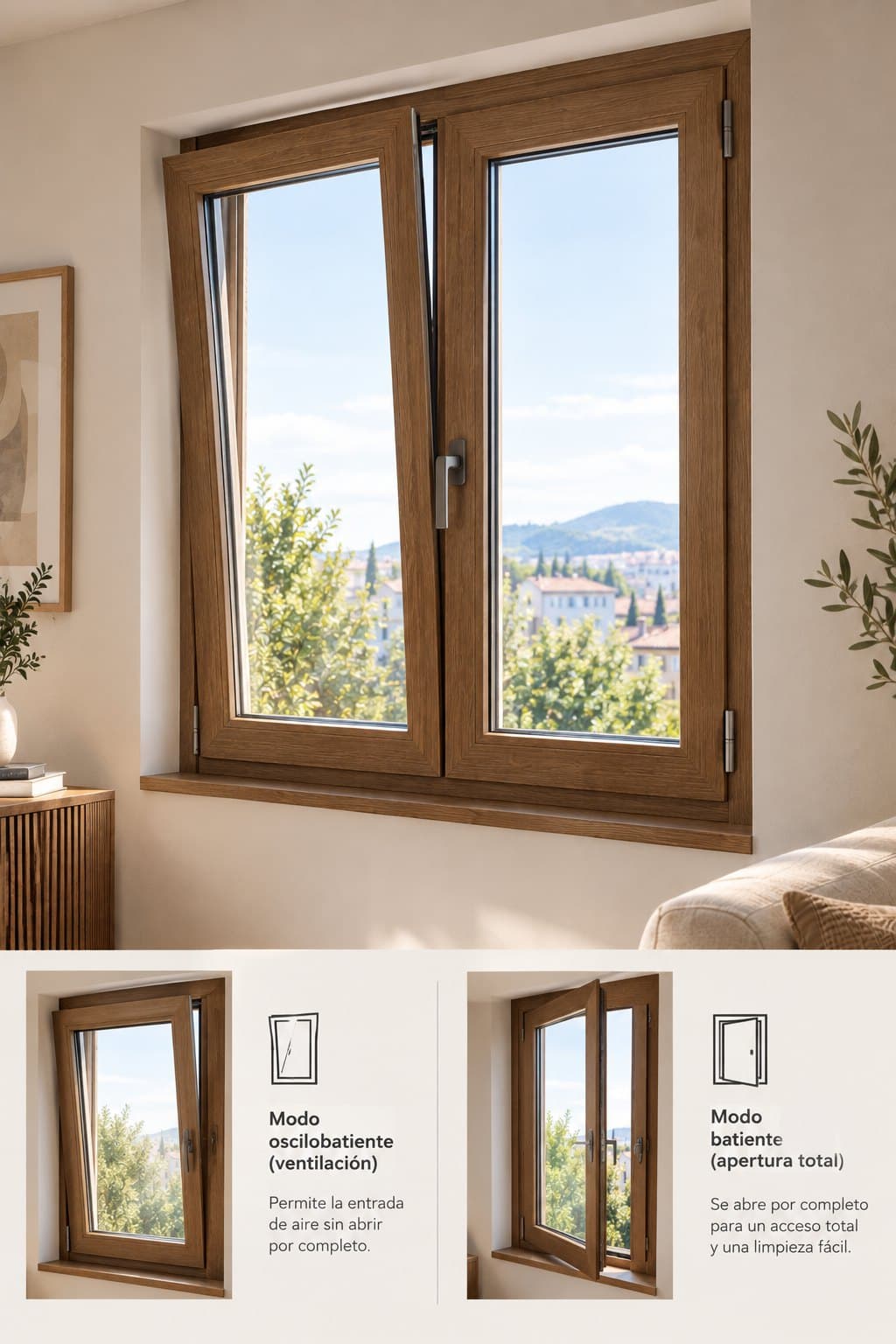 Una ventana de madera en modo oscilobatiente, basculada por arriba para ventilar, y la misma ventana abierta del todo hacia dentro